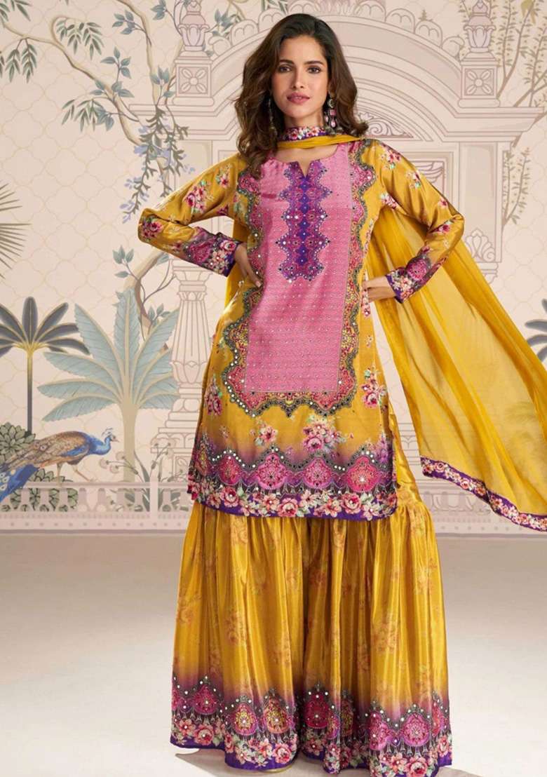 Mustard Yellow Printed Crepe Sharara Set - Indya