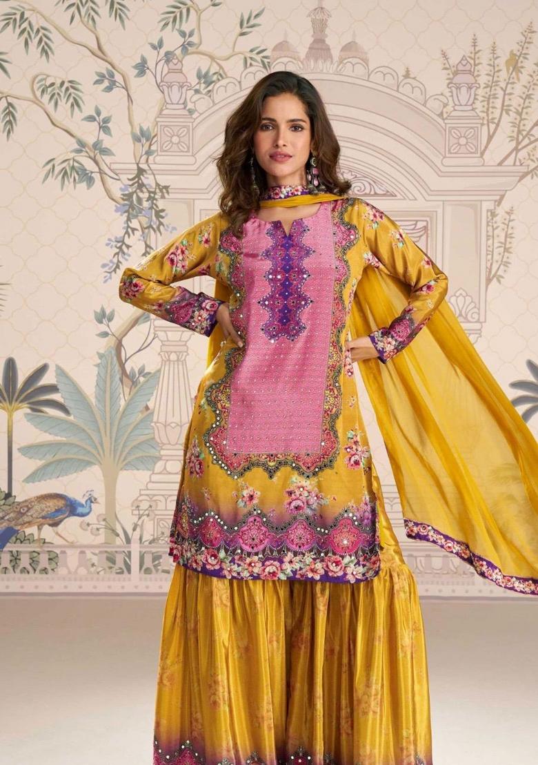 Mustard Yellow Printed Creap Silk Sharara Set - Indya