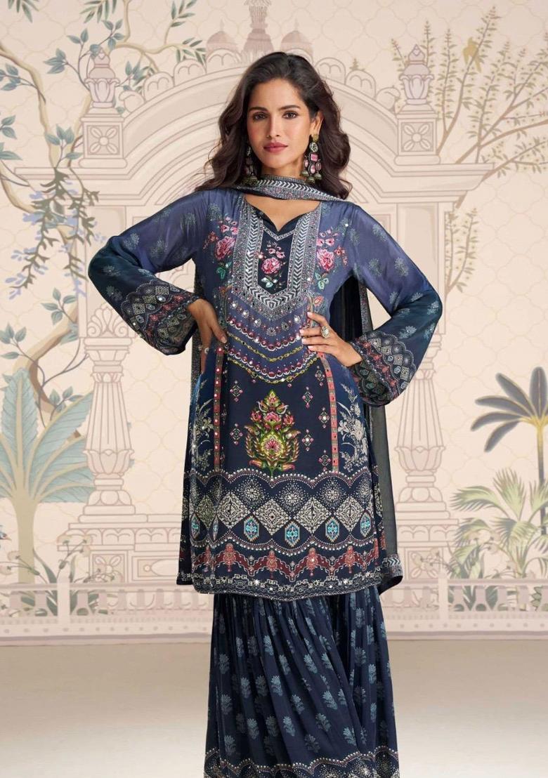 Navy Blue Printed Creap Silk Sharara Set - Indya