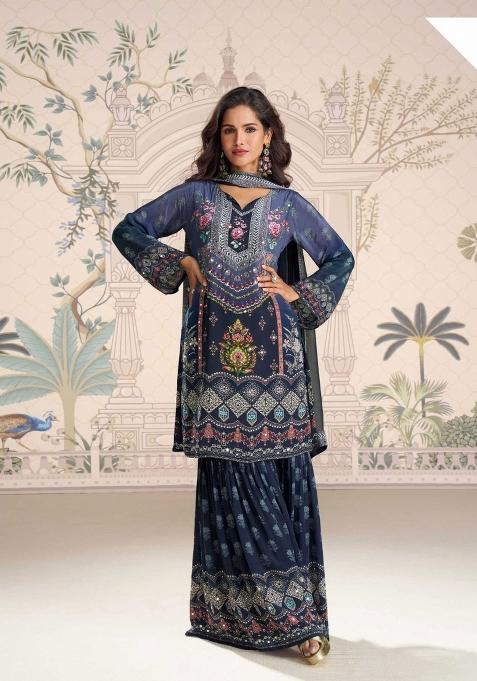 Navy Blue Printed Creap Silk Sharara Set
