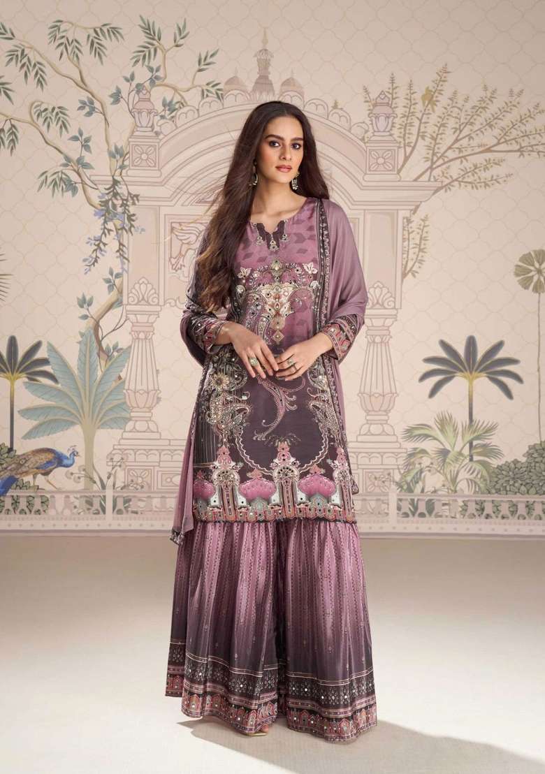 Purple Printed Silk Blend Sharara Set - Indya
