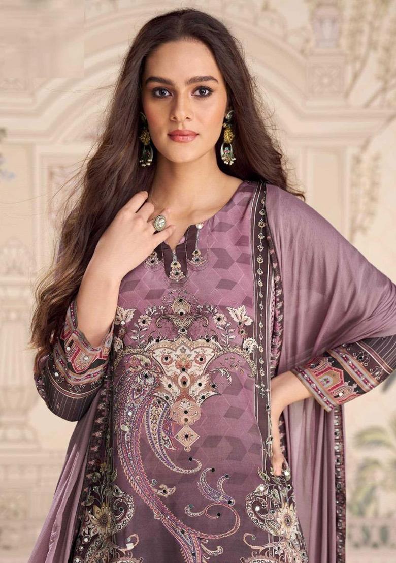 Purple Printed Creap Silk Sharara Set - Indya