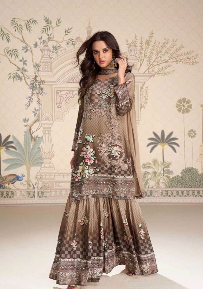 Beige Embroidered Silk Blend Sharara Set - Indya