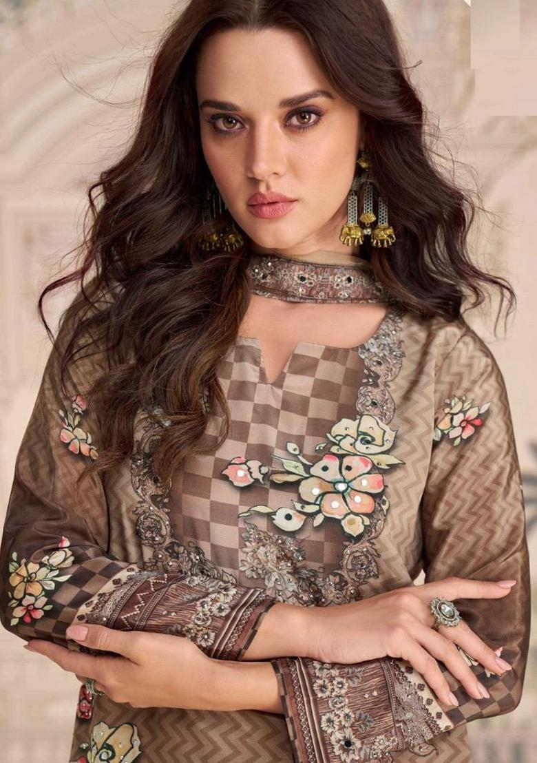 Beige Printed Creap Silk Sharara Set - Indya