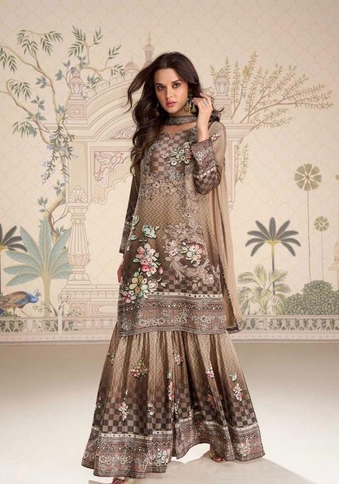 Beige Printed Creap Silk Sharara Set