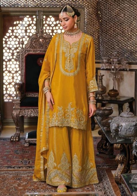 Mustard Yellow Embroidered Chinnon Salwar Kameez