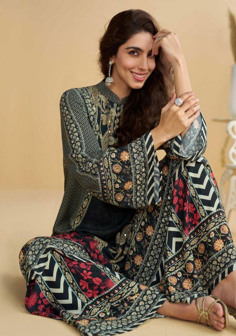 Black And Red Embroidered Crep Plazzo Set - Indya