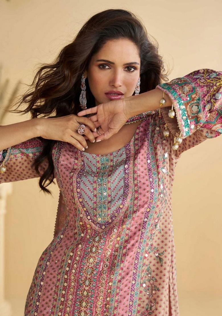 Soft Pink Embroidered Crep Plazzo Set - Indya