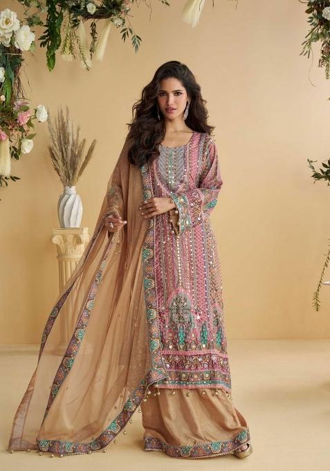 Soft Pink Embroidered Crep Plazzo Set