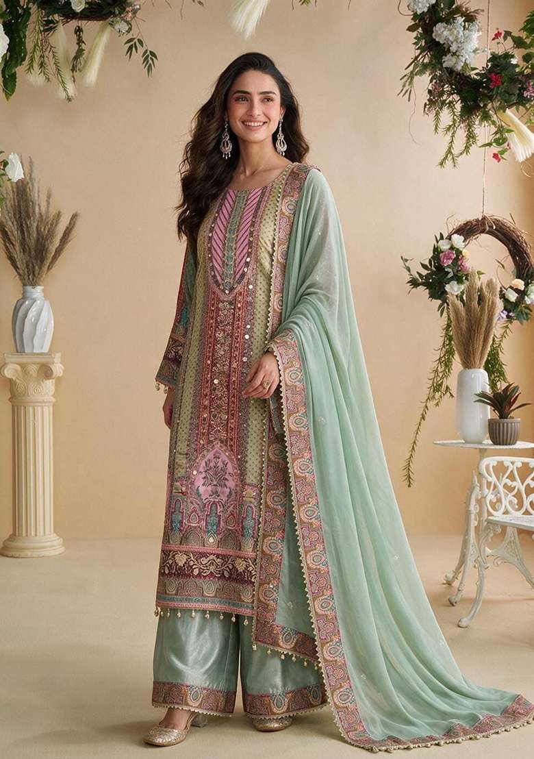 Multi Color Embroidered Crepe Sharara Set - Indya