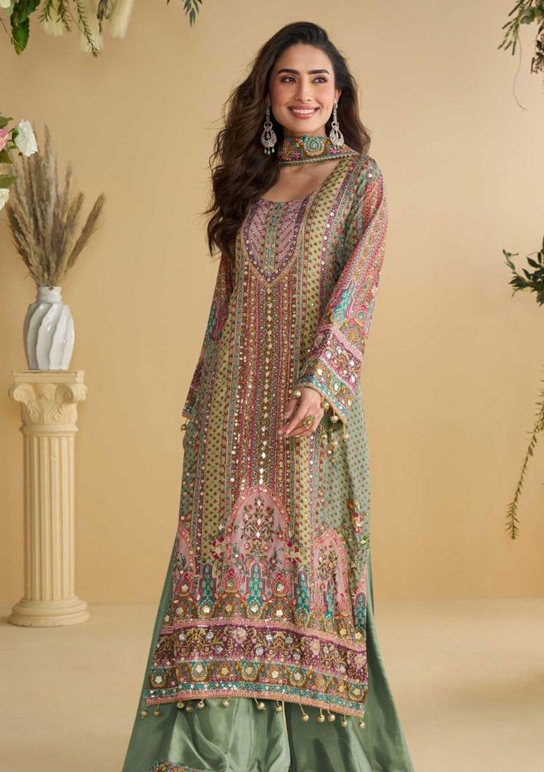 Multi Color Embroidered Crep Plazzo Set - Indya