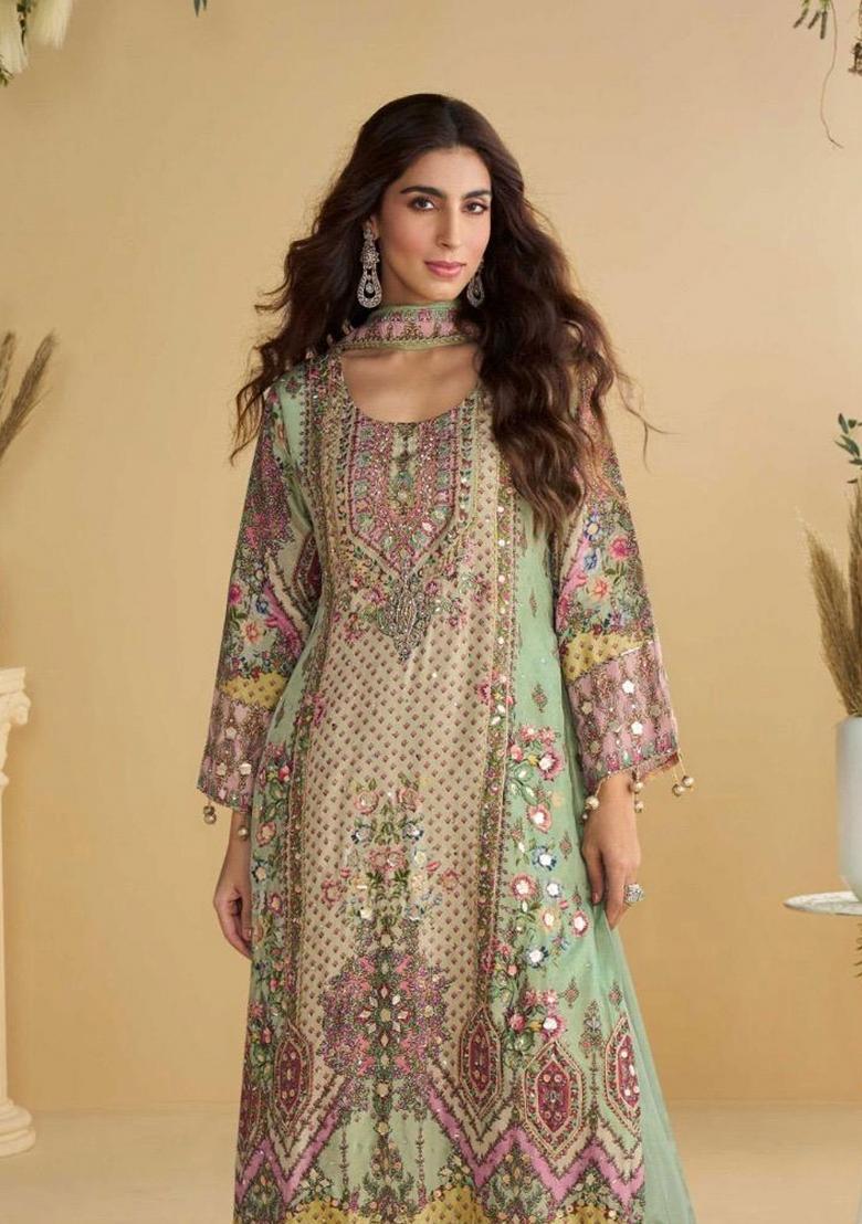 Multi Color Embroidered Crep Plazzo Set - Indya