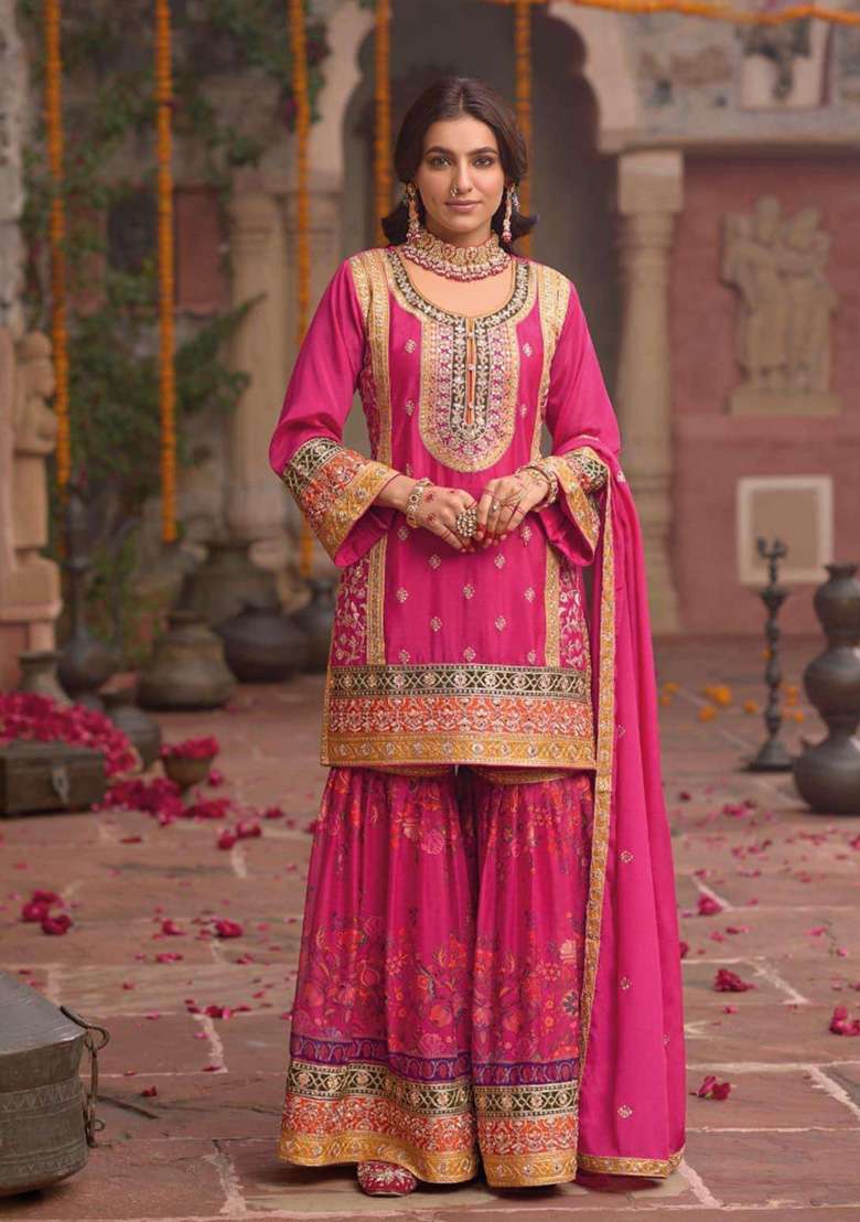 Pink Embroidered Silk Blend Sharara Set - Indya