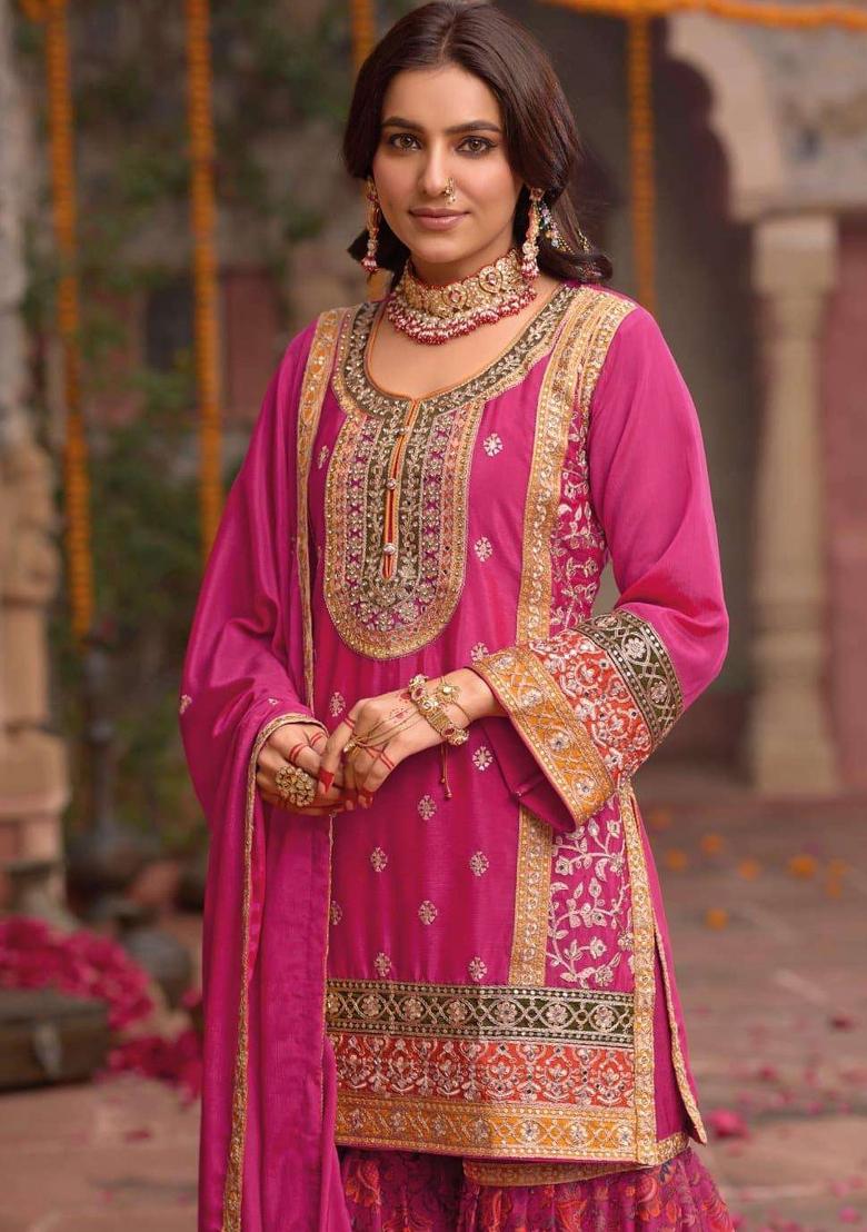 Pink Embroidered Chinnon Silk Sharara Set - Indya