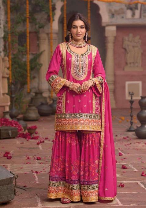 Pink Embroidered Chinnon Silk Sharara Set