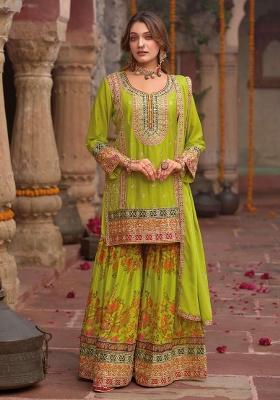 Green Embroidered Chinnon Silk Sharara Set