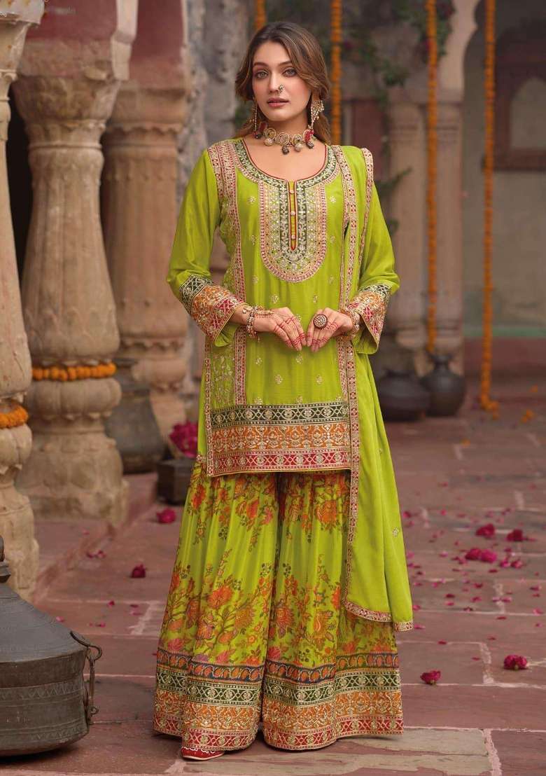 Green Embroidered Silk Blend Sharara Set - Indya