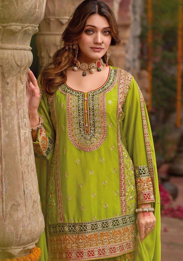 Green Embroidered Chinnon Silk Sharara Set - Indya