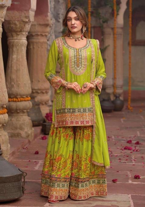 Green Embroidered Chinnon Silk Sharara Set