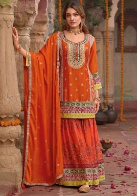 Orange Embroidered Chinnon Silk Sharara Set