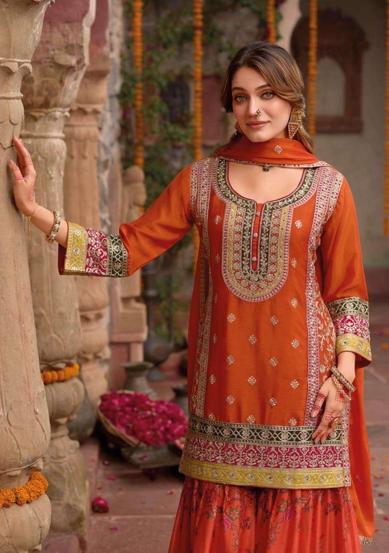 Orange Embroidered Chinnon Silk Sharara Set - Indya