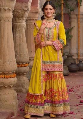 Yellow Embroidered Chinnon Silk Sharara Set