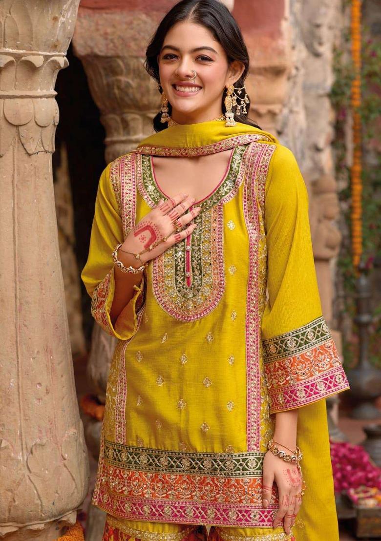 Yellow Embroidered Chinnon Silk Sharara Set - Indya