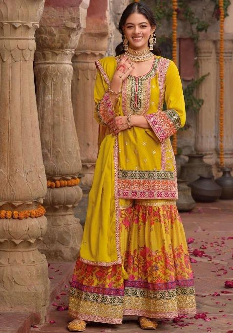 Yellow Embroidered Chinnon Silk Sharara Set