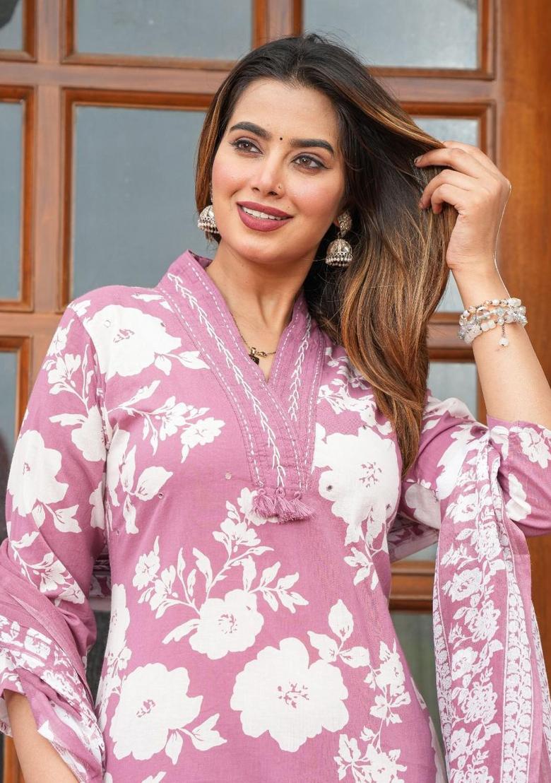 Pink Printed Cotton Kurta Set - Indya