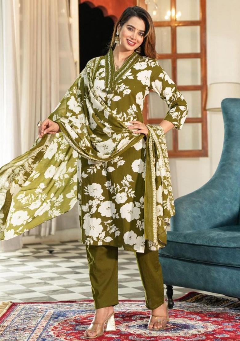 Green Printed Cotton Kurta Set - Indya