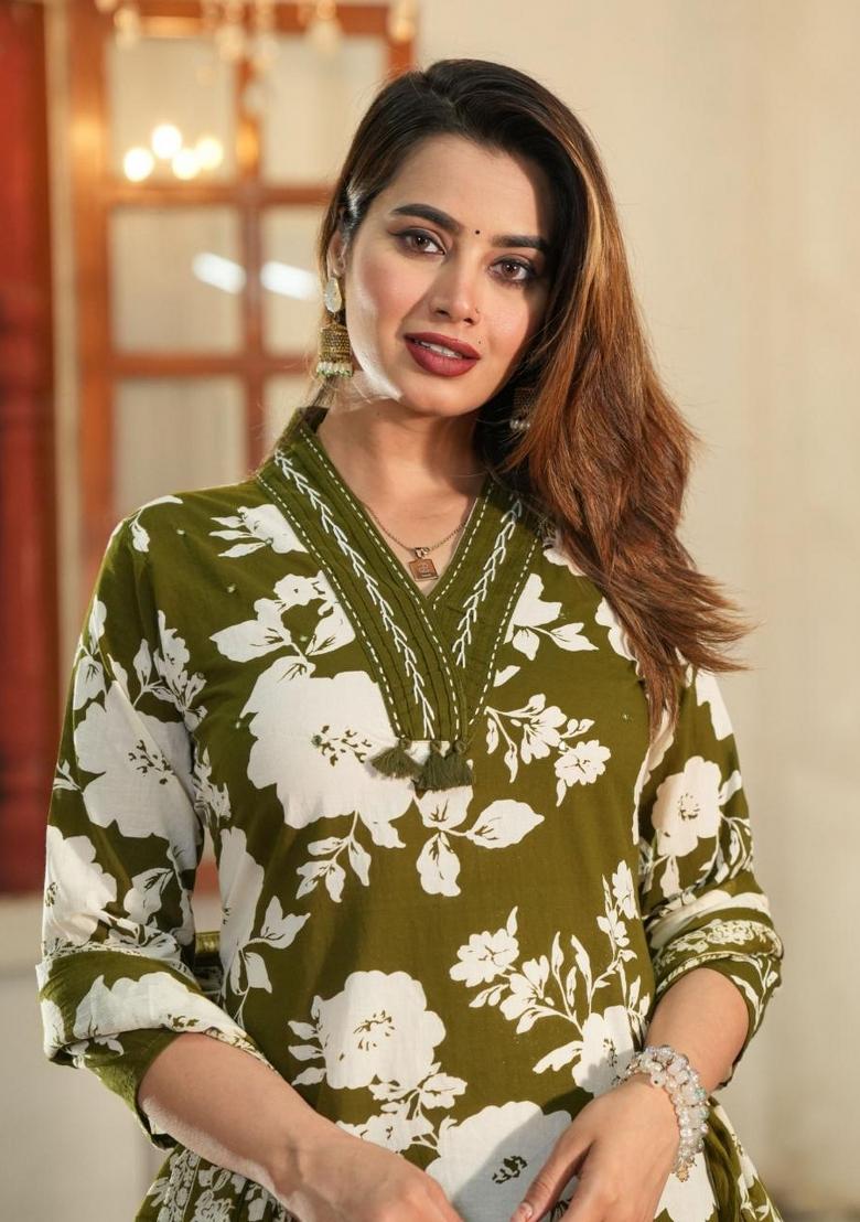 Green Printed Cotton Kurta Set - Indya