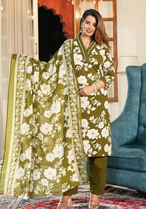 Green Printed Cotton Kurta Set