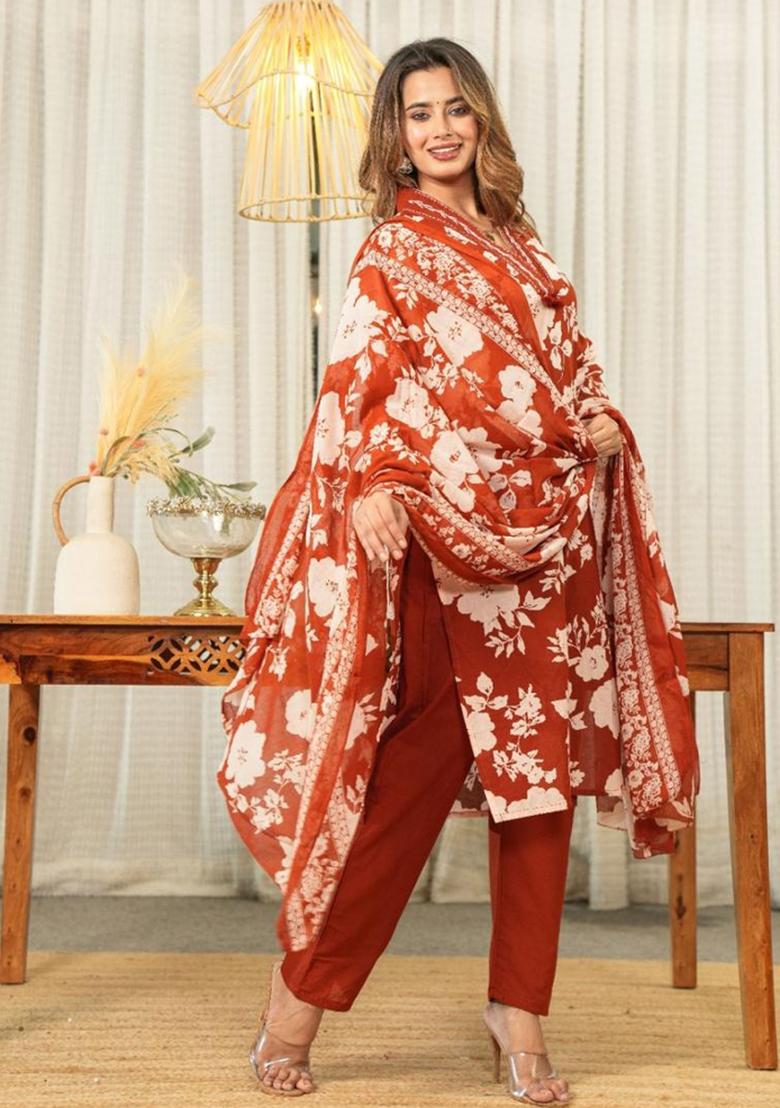 Orange Printed Cotton Kurta Set - Indya