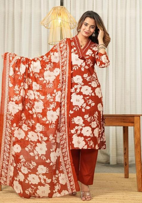 Orange Printed Cotton Kurta Set
