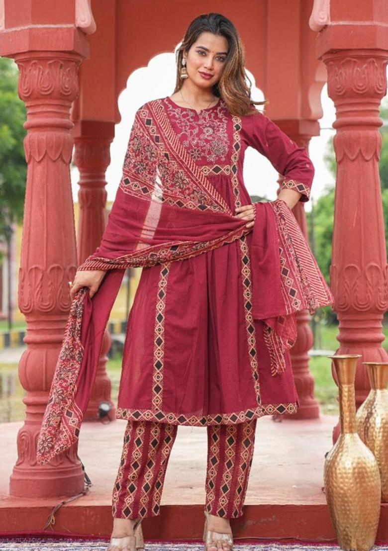 Maroon Embroidered Cotton Kurta Set - Indya