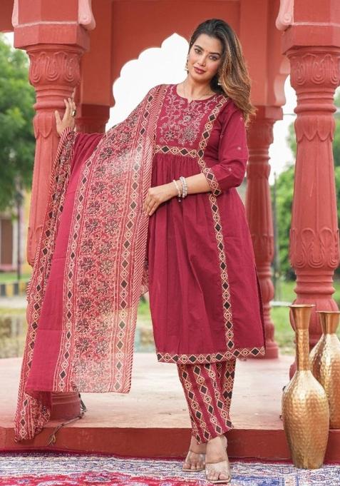 Maroon Embroidered Cotton Kurta Set
