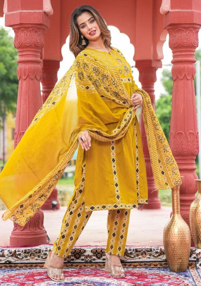 Yellow Embroidered Cotton Kurta Set - Indya