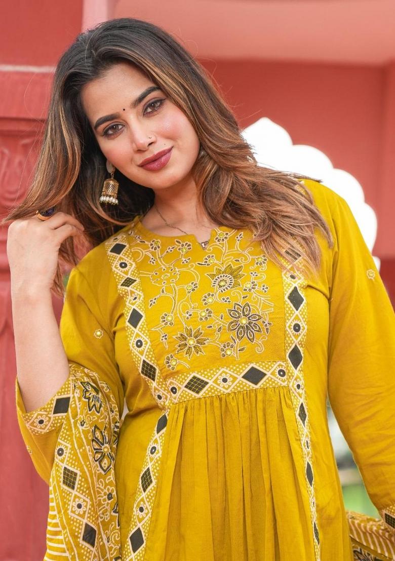 Yellow Embroidered Cotton Kurta Set - Indya