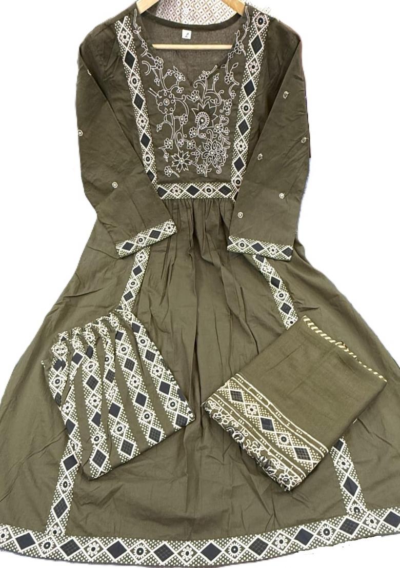 Green Embroidered Cotton Kurta Set - Indya