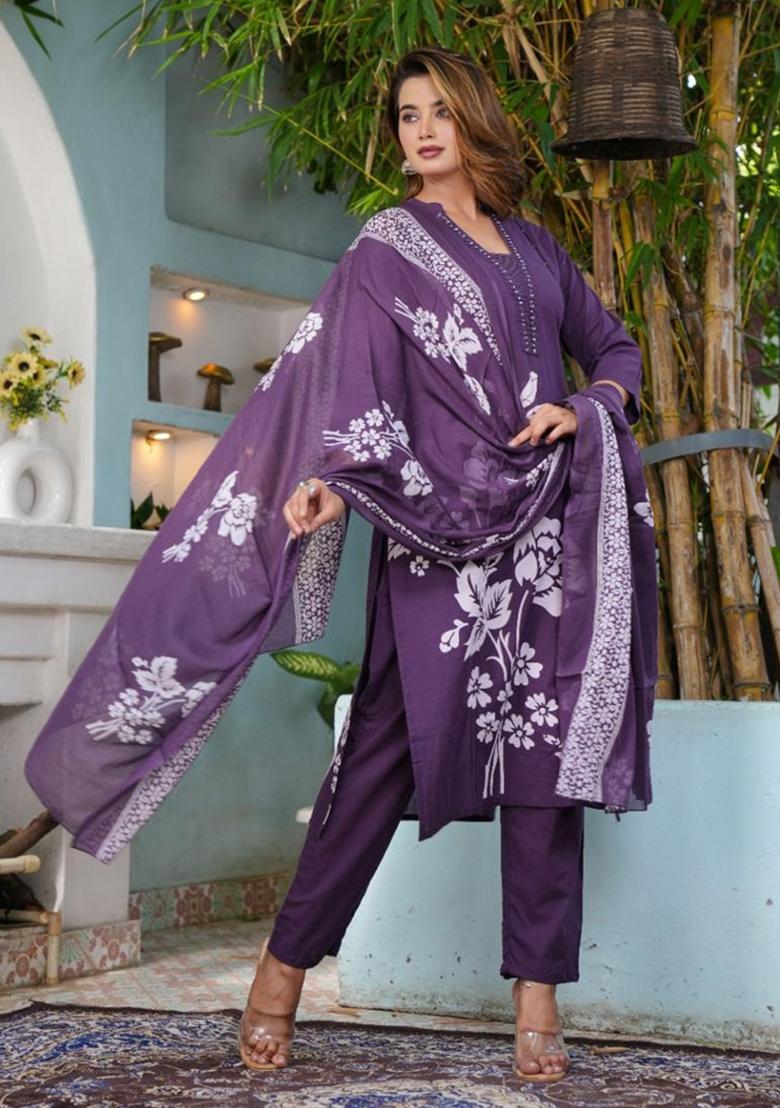 Purple Printed Cotton Kurta Set - Indya