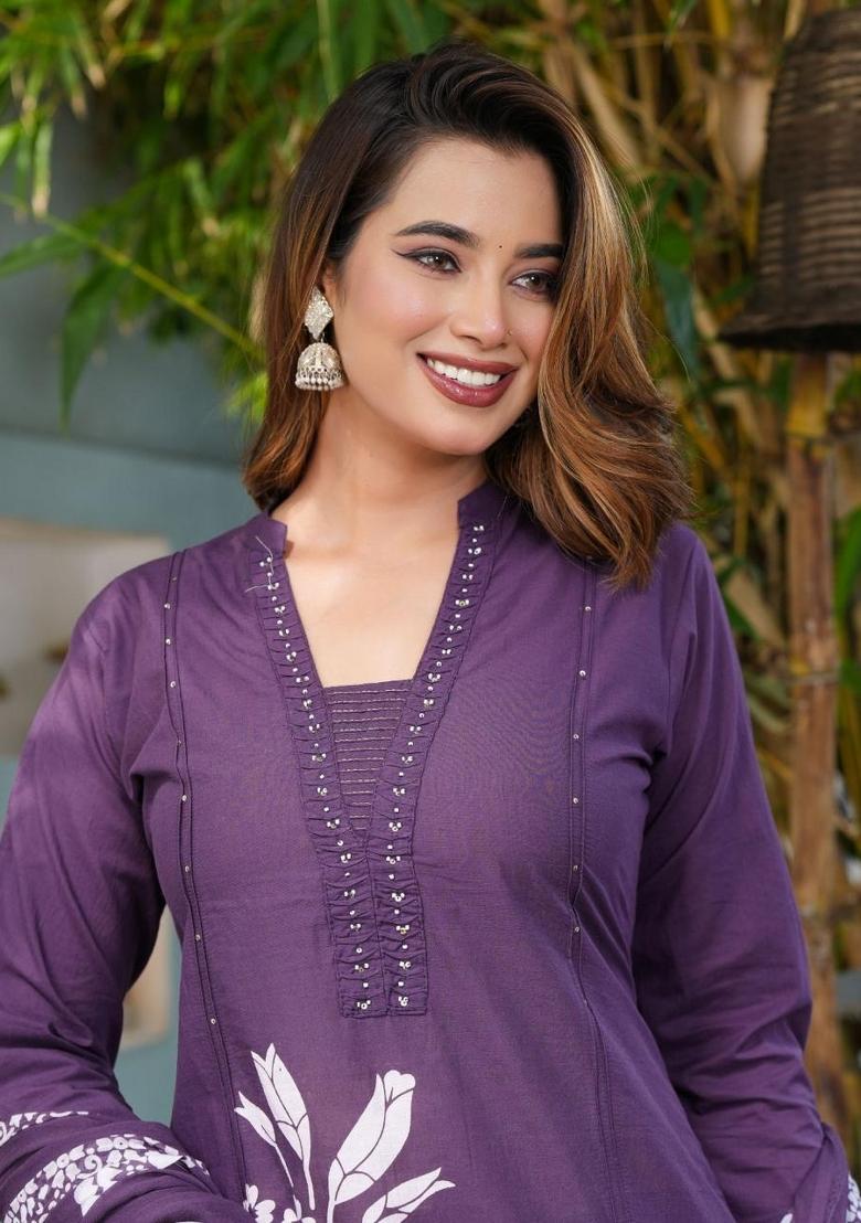 Purple Printed Cotton Kurta Set - Indya