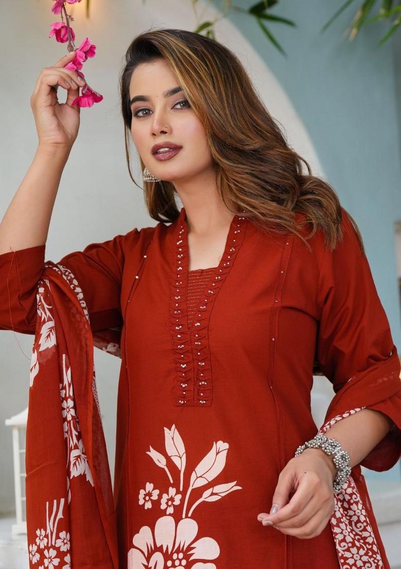 Orange Printed Cotton Kurta Set - Indya