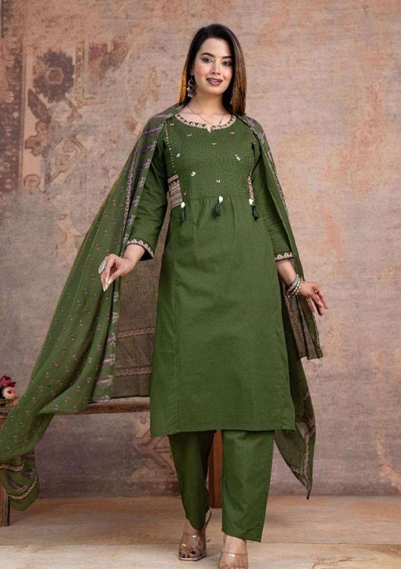 Green Printed Cotton Kurta Set - Indya