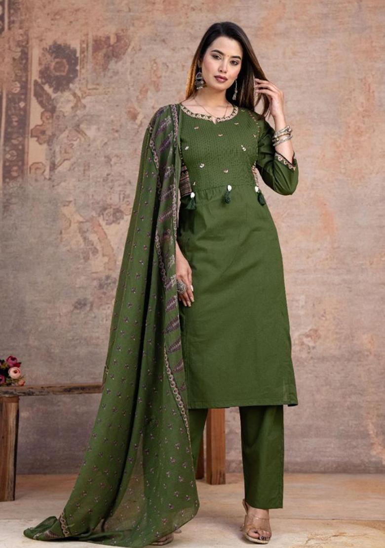 Green Printed Cotton Kurta Set - Indya