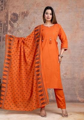 Orange Printed Cotton Kurta Set