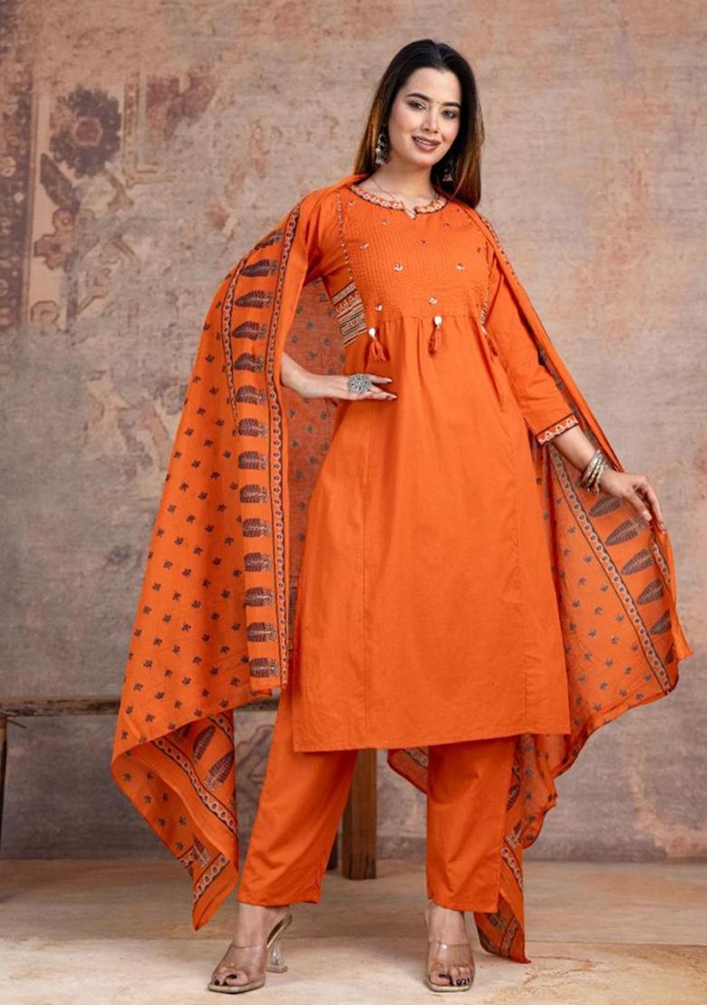 Orange Printed Cotton Kurta Set - Indya