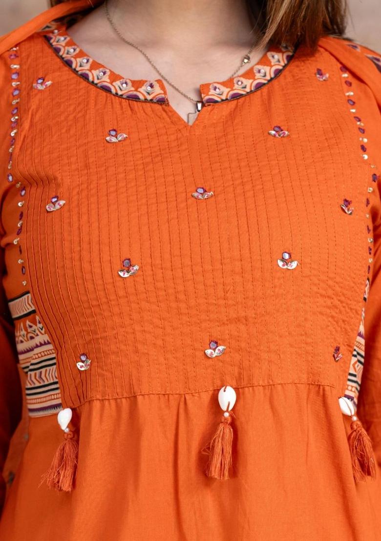 Orange Printed Cotton Kurta Set - Indya