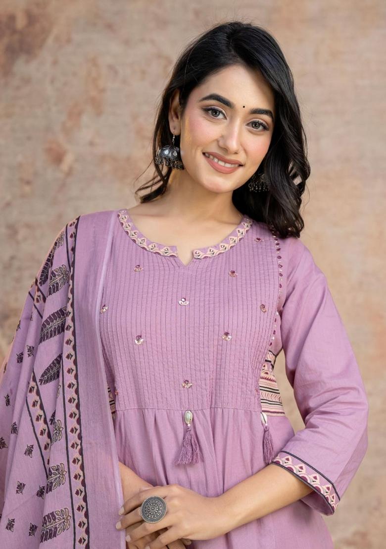 Lavender Printed Cotton Kurta Set - Indya