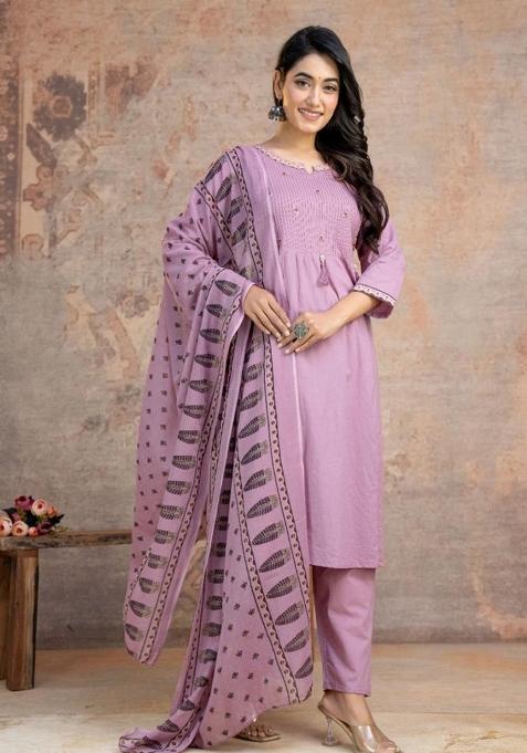 Lavender Embroidered Cotton Kurta Set