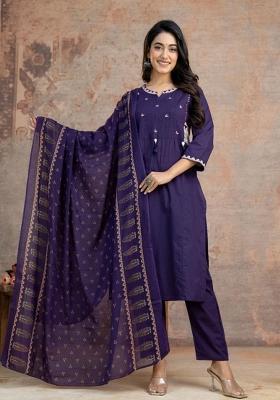 Purple Printed Cotton Kurta Set